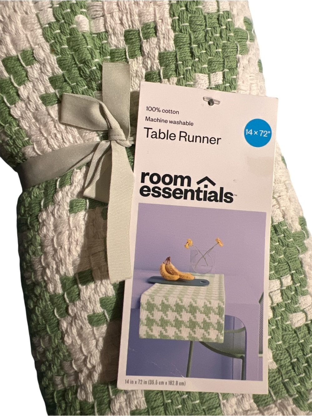 Room Essentials Green & Cream Woven Table Runner Textured Houndstooth 14 x 72 - Picture 3 of 4